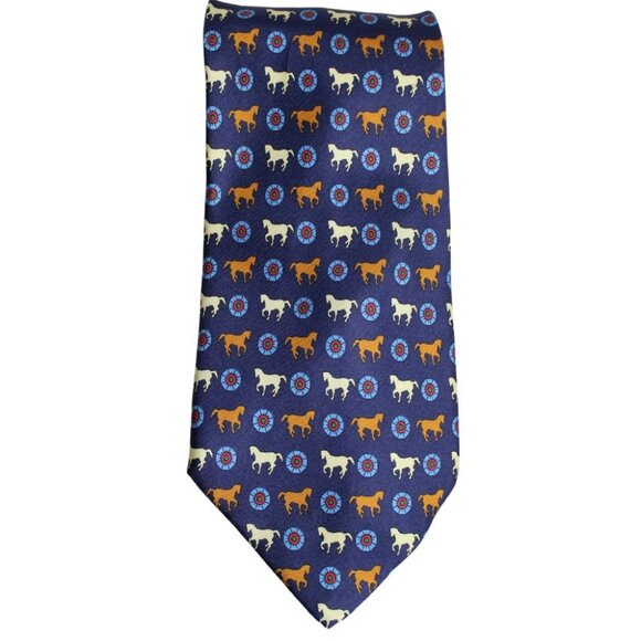 EFFESTI MODA Tie 100% Silk, Equestrian - Cognac, Light Blue, Burgundy & Navy - Picture 1 of 9